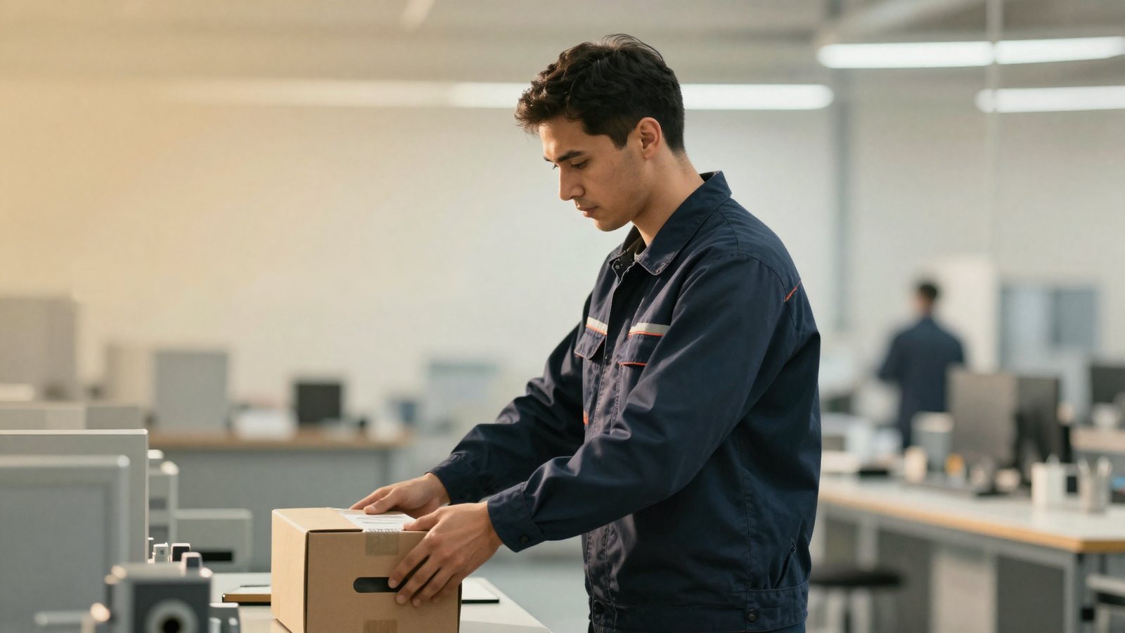 A worker lifting a box at a workstation on a factory floor, viewed by an overhead camera