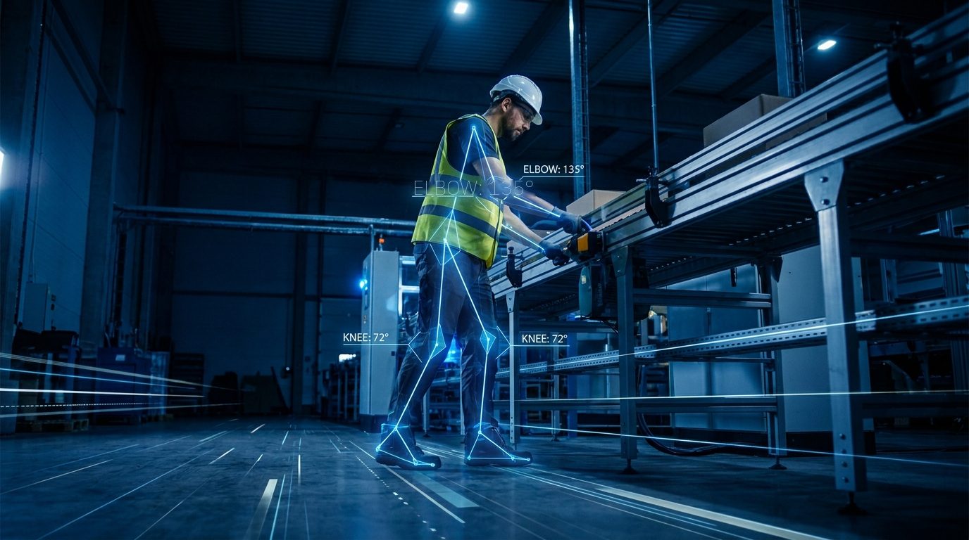 A warehouse worker at a conveyor with a pose estimation skeleton overlaid on their body, showing tracked joints and measured angles labelled elbow 135 degrees and knee 72 degrees